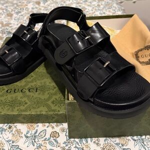 Gucci Black Patent Double Buckle Platform Sandals